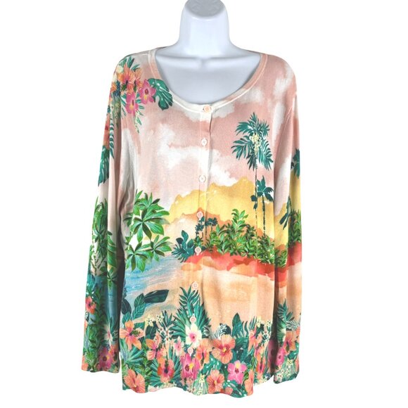 Talbots Light Cardigan 2X Tropical Island Sunset Horizon Floral Colorful TP-3482 - Picture 1 of 8